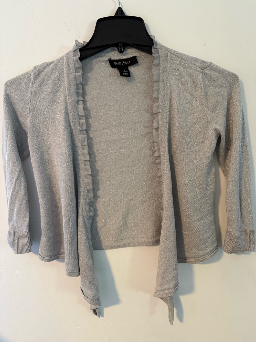 White House Black Market Silver Ruffle-Trim Open Cardigan